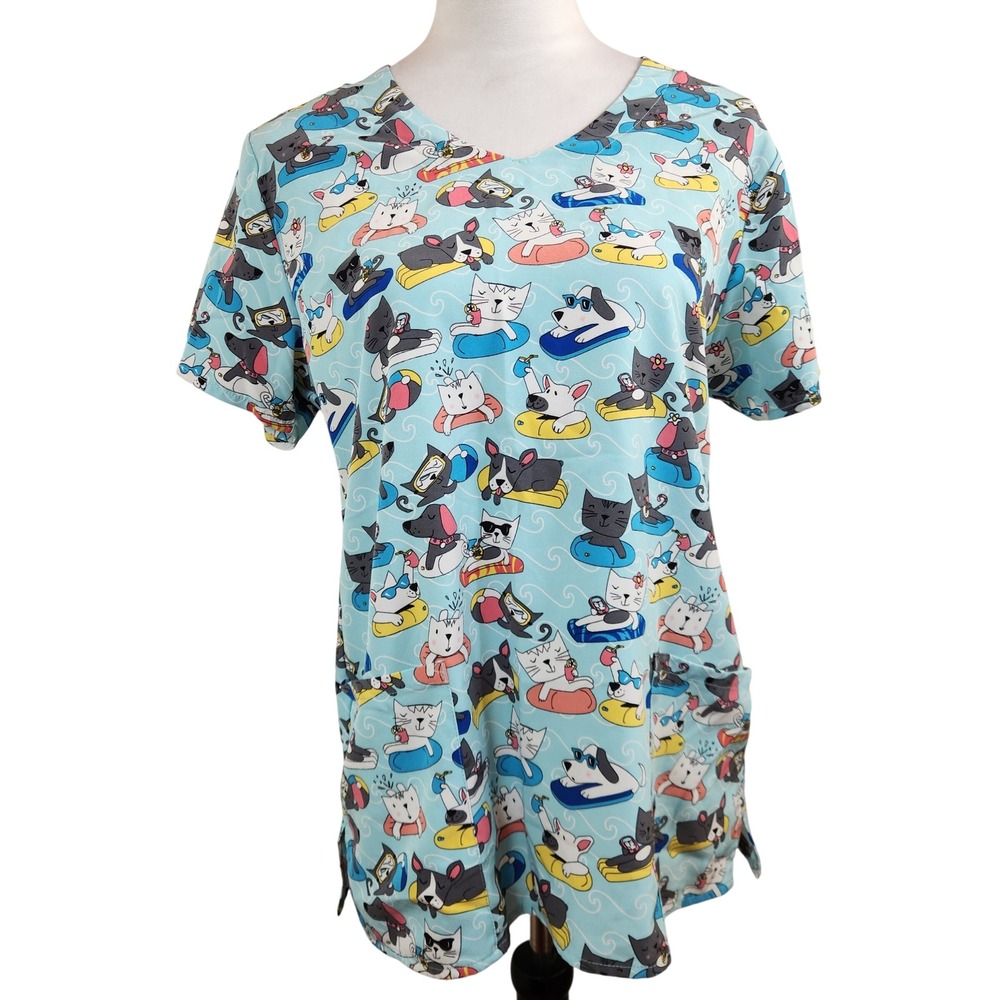Zoe + Chloe Womens M Blue Cat Pool Float Scrub Top V-Neck‎ Short Sleeve